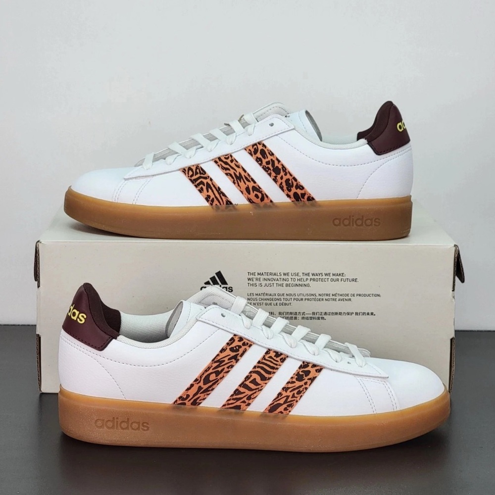 adidas White Sneakers with Leopard-Print Stripes and Gum Sole